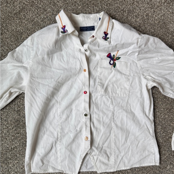 Karen Scott White Button-Down Shirt with Multicolor Embroidery - Picture 5 of 10